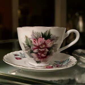 Vintage Delicate Floral Porcelain China Teacup and Saucer in Pink and Purple